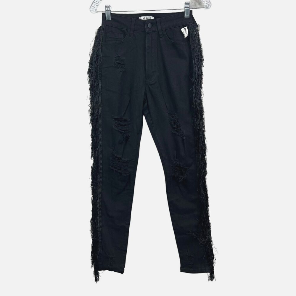 Akira Women AP Blue Aphrodite Jeans Skinny Stretch Fringe Distressed Black Sz 5*